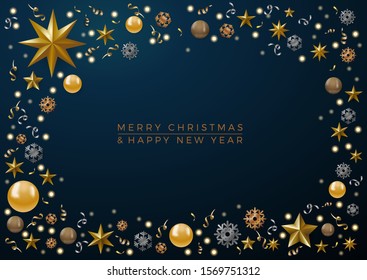 Christmas decorations with copy space in a frame and text on blue background