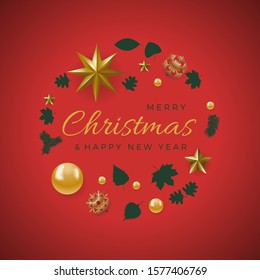 Christmas decorations with copy space in a frame and text on red background