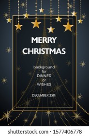 Christmas decorations with copy space in a frame and text on gray background for cover, invitation, dinner or greeting
