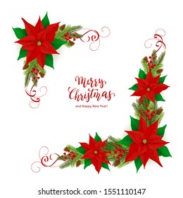 Christmas decorations at the corner with fir tree branches and poinsettia. Red flowers isolated on white background. Illustration can be used for holiday design, cards, invitations, postcards, banners