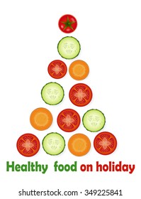 christmas decorations creating  from chopped pieces of tomato, carrot and cucumber and text ``healthy food on holiday``, creative idea, vector 