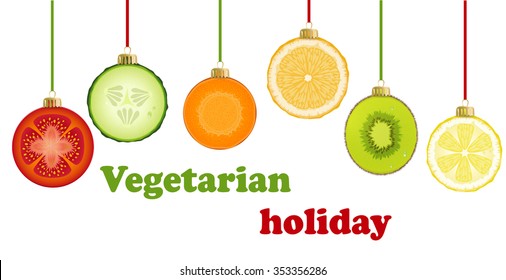 christmas decorations creating  from chopped pieces of tomato, carrot,orange, lemon, kiwi, cucumber and text ``vegetarian holiday``, creative food holiday idea, vector