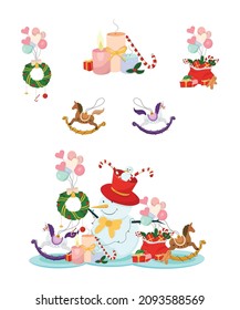 Christmas decorations Decorated Santa Claus Balloons toys candies candles gifts Christmas ornaments  Christmas cookies Celebrati eve Smiling snowman Merry Christmas Decorated candles Decoration items 