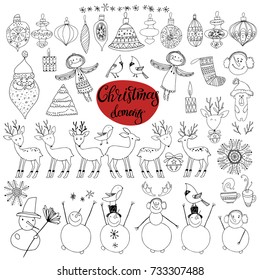 Christmas decorations, design isolated elements on a white background. Vector doodle illustration.  