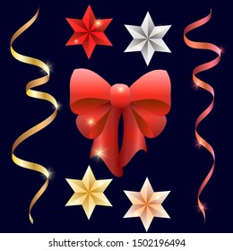 
Christmas decorations for design: serpentine, stars, bow. Traditional Christmas attributes. Vector illustration