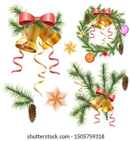 Christmas decorations for design: serpentine, stars, balls, bells and spruce on a white background. Traditional Christmas attributes. Vector illustration