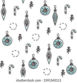 christmas decorations with doodle pine trees, lollipop canes with shades and abstract circles. vector seamless pattern
