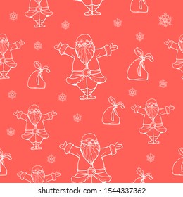 Christmas decorations doodle style pattern. Traditional winter holiday hand drawn icons in red and white. Santa, gifts, snowflakes seamless background. Seasonal greetings vector ill