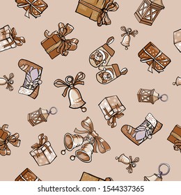 Christmas decorations doodle style pattern. Traditional winter holiday hand drawn icons. Bells, gifts, mittens and christmas boots seamless background. Seasonal greetings vector ill