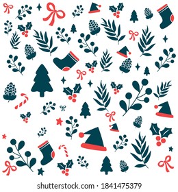 Christmas decorations doodle vector pattern, Christmas. Holiday composition with Xmas decorations. New Year  wrapping paper, 