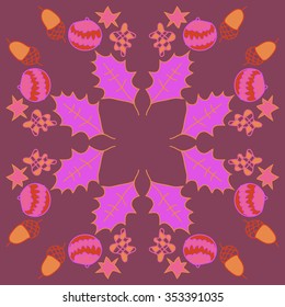  Christmas decorations , doodles, hole, spots,oak, acorns,leaves,balls, circular pattern. Hand drawn.