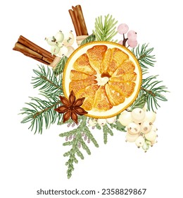 Christmas decorations with dried orange, cinnamon, spruce, thuja, fir, anise, snowberry. The aroma of bouquets. Cozy decor. Homemade holiday decorations.