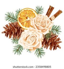 Christmas decorations with dried orange, spruce, cinnamon, rose, fir, pine cone. The aroma of bouquets. Cozy decor. Homemade holiday decorations. Stock vector illustration.