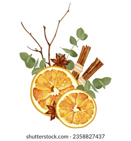 Christmas decorations with dried orange, spruce, eucalyptus, cinnamon,  fir, anise. The aroma of bouquets. Cozy decor. Homemade holiday decorations. Stock vector illustration.