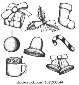 Christmas decorations and elements hand drawn vector set, isolated vintage design elements.