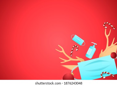 Christmas decorations with face mask, alcohol gel, ball, candy, reindeer antler isolate on red background, party  during Covid-19 pandemic concept graphic  for  ,New  Year, vector illustration 