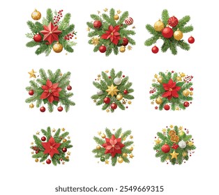 Christmas decorations featuring festive arrangements of pine, poinsettia, and ornaments. Perfect for winter holiday cards, seasonal designs, and cheerful decor - Vector illustration
