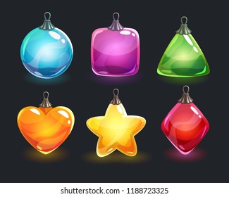 Christmas decorations. Festive colorful glossy New Year shiny toys. Vector illustration.