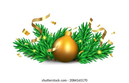 Christmas decorations. Festive composition of fir branches, confetti, tinsel and golden bauble.