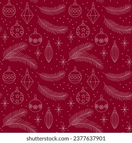 Christmas decorations and fir branches background, seamless vector pattern, New Year background, wallpaper, print for textile and wrapping paper, line design decorative elements