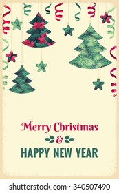 Christmas decorations with fir branches, holly leaves and berries. Christmas trees and paper streamers. Retro vector illustration. Place for your text. Design for invitation, card, poster, flyer