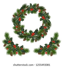 Christmas decorations with fir tree, berries and decorative elements. Design element for Christmas decoration. Vector illustration