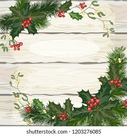 Christmas decorations, fir tree branches and decorative elements on white wooden background. Vector illustration.