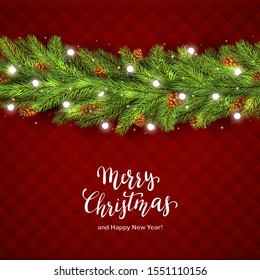 Christmas decorations with fir tree branches, pine cones and Christmas lights on red background. Illustration with lettering can be used for holiday design, cards, invitations, postcards and banners.