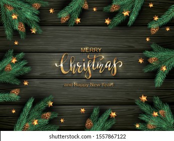 Christmas decorations with fir tree branches, pine cones and golden stars on black wooden background. Illustration can be used for holiday design, cards, invitations, postcards and banners.
