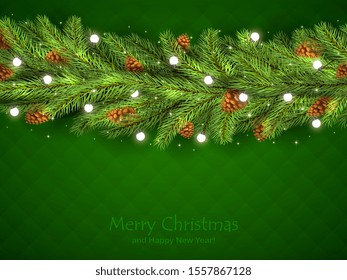 Christmas decorations with fir tree branches, pine cones and Christmas lights on green background. Illustration with lettering can be used for holiday design, cards, invitations, postcards and banners