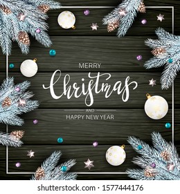 Christmas decorations with fir tree branches, pine cones, white balls and stars on black wooden background. Illustration can be used for holiday design, cards, invitation and banners.