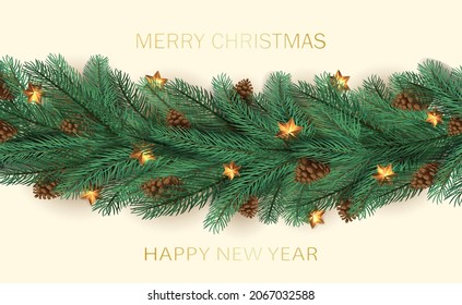 Christmas decorations with fir tree branches, pine cones and Christmas lights on beige background. Illustration for holiday design, posters, cards, websites, invitations, postcards, banners