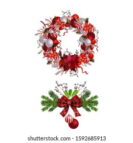 Christmas decorations with fir tree collection isolated