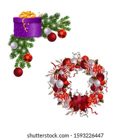 Christmas decorations with fir tree collection isolated