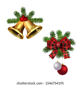 Christmas decorations with fir tree golden jingle bells
