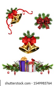 Christmas decorations with fir tree golden jingle bells