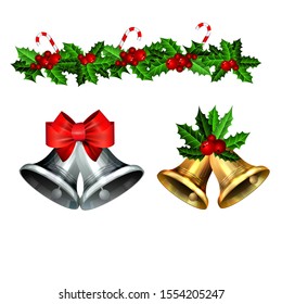 Christmas decorations with fir tree golden jingle bells