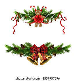 Christmas decorations with fir tree golden jingle bells