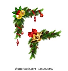 Christmas decorations with fir tree golden jingle bells