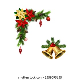 Christmas decorations with fir tree golden jingle bells