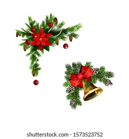 Christmas decorations with fir tree golden jingle bells