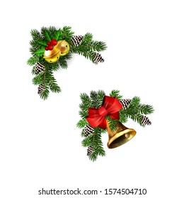 Christmas decorations with fir tree golden jingle bells