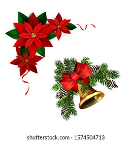 Christmas decorations with fir tree golden jingle bells