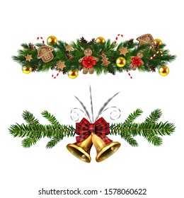 Christmas decorations with fir tree golden jingle bells