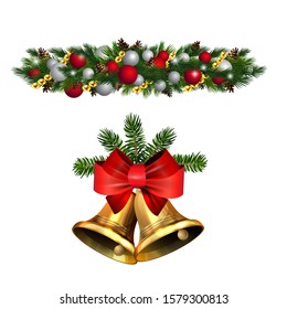 Christmas decorations with fir tree golden jingle bells