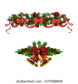 Christmas decorations with fir tree golden jingle bells