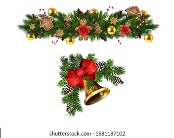 Christmas decorations with fir tree golden jingle bells