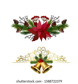 Christmas decorations with fir tree golden jingle bells