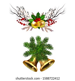 Christmas decorations with fir tree golden jingle bells