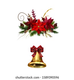 Christmas decorations with fir tree golden jingle bells